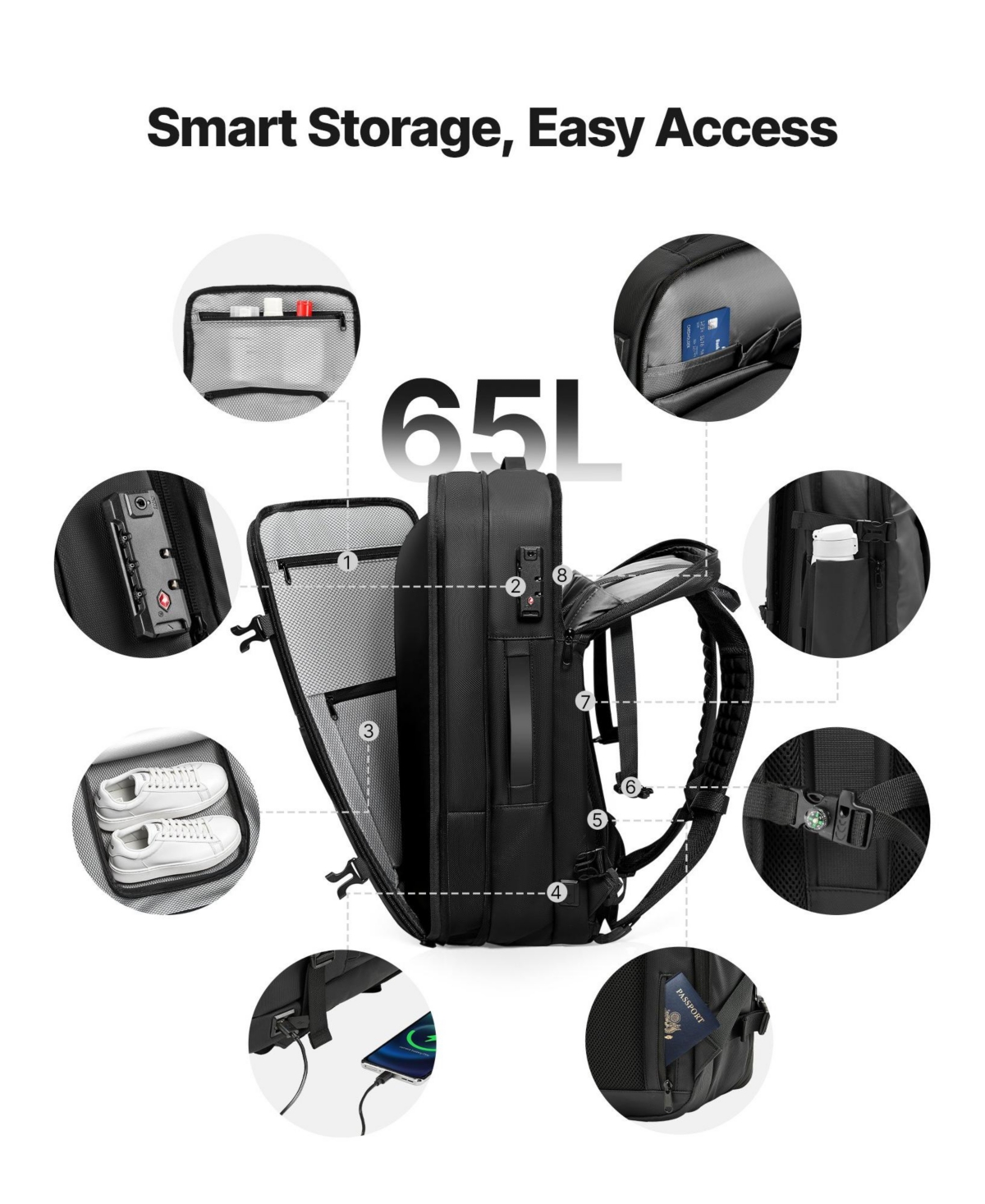 Mecale 65L Expandable Vacuum Seal Compression Travel Backpack with Pump, Tsa-Approved Lock, Water-Resistant Carry-On Luggage, Gray