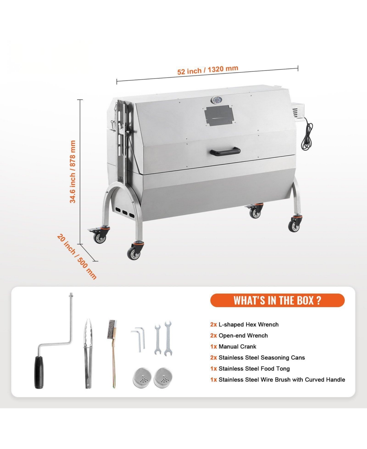 Ecooso 46" Rotisserie Charcoal Spit Grill with Hooded Cover, 132 lb Capacity, 52W Electric Motor, Stainless Steel Roaster, Lockable Wheels