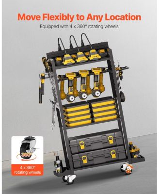 4-Tier Tool Organizer Cart with Charging Station, 8 AC Outlets, Rolling Drill Holder & Tool Battery Storage Rack, Wheels, Garage Use