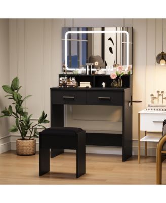Vanity Set with 3-Color Adjustable LED Mirror Power Outlet and 2 Drawers Modern Dressing Table with Stool