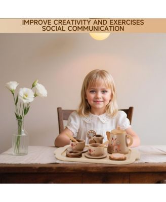 13-Piece Wooden Tea Set with Teapot, Cups & Treats, Child-Safe Gift
