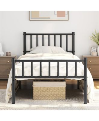 Twin Size 12-Slat Metal Bed Frame with Spindle Headboard, Footboard, 13 Inches Underbed Storage Bed Frame