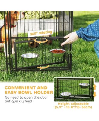 Dog Kennel with Rotating & Adjustable Height Bowls in Coffee