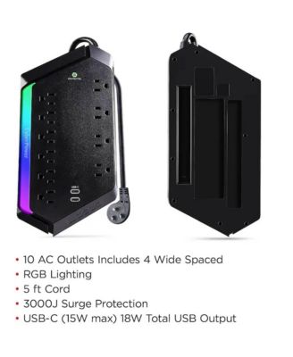 10-Outlet RGB Surge Strip with USB-C and USB Ports for Home Entertainment Power Protection