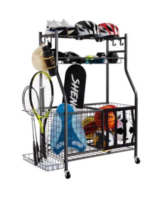 Rolling Sports Equipment Organizer Cart with Ball Rack, Baskets & Hooks, Steel Storage for Garage