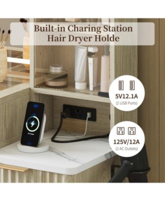 Fluted Makeup Vanity Desk with Mirror, Glass Top, Charging Station, 5 Drawers & Shelves for Bedroom