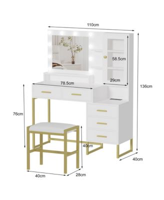 Makeup Vanity with Upholstered Stool & Charging Station, Vanity Desk with Mirror and Lights