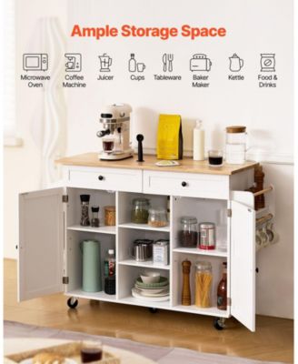 52" Kitchen Island Cart with Solid Wood Top, Storage Cabinet, Drop Leaf, Drawers, Spice Rack, Towel Rack, Swivel Wheels