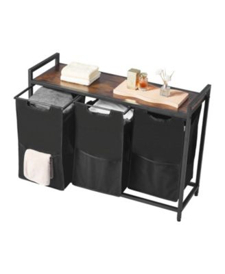 3-Section Laundry Sorter, Large Hamper with Wood Top, Metal Frame, Pull-Out 600D Oxford Cloth Bags, Freestanding Organizer
