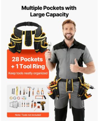 Magnetic Tool Belt Pouch, 28 Pockets Heavy-Duty Utility Tool Belt, Detachable Work Bag, Adjustable Waist 31–48 in