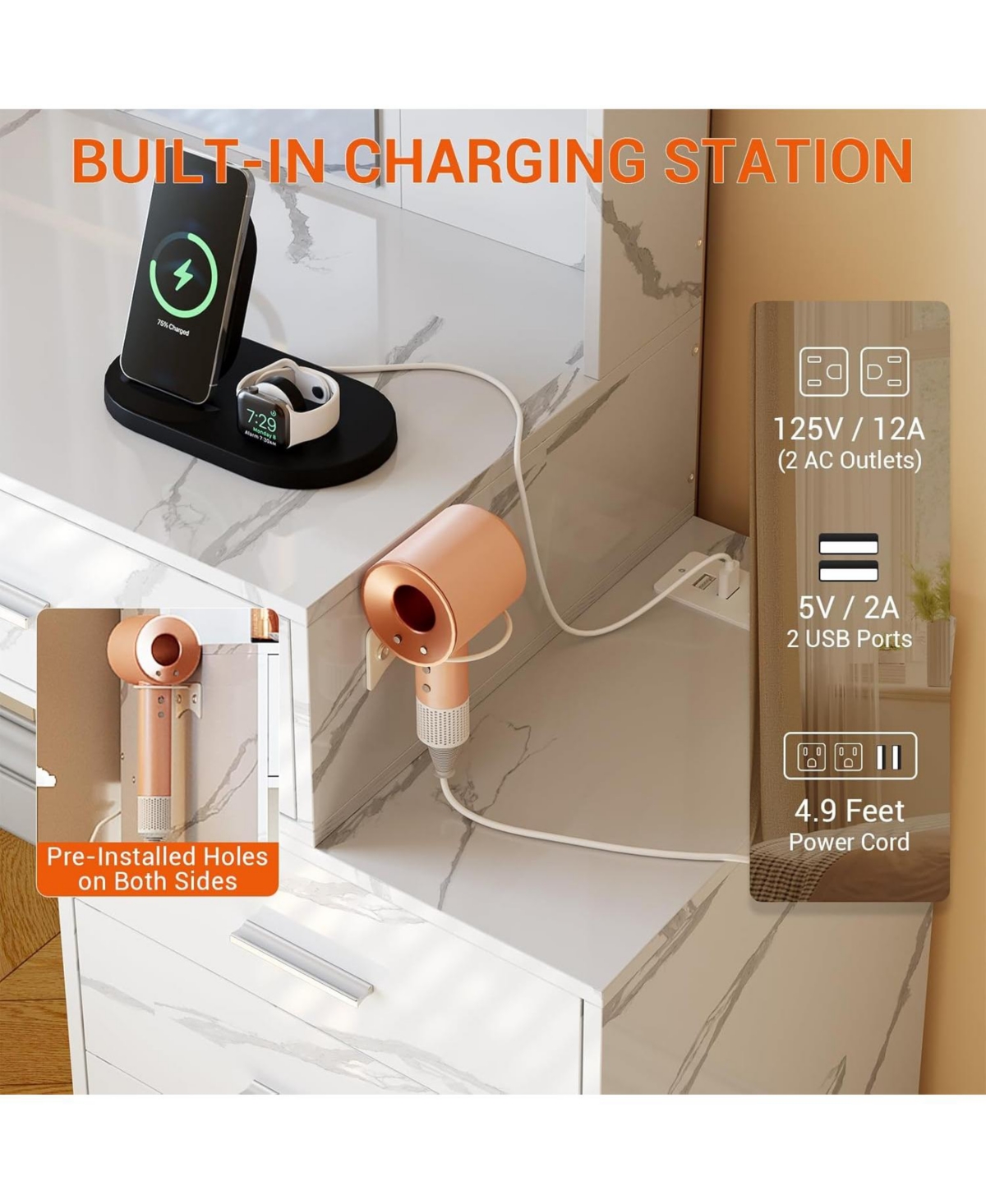 gaomon 6-Drawer Marble White Makeup Vanity Set, Mirror with Led Lights, Usb Charging, Vanity Stool, Bedroom, Dressing Room