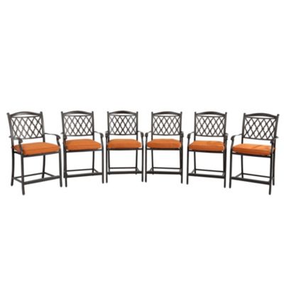 6-Piece Outdoor Patio Bar Stool Set with High Backrests and Orange Cushions