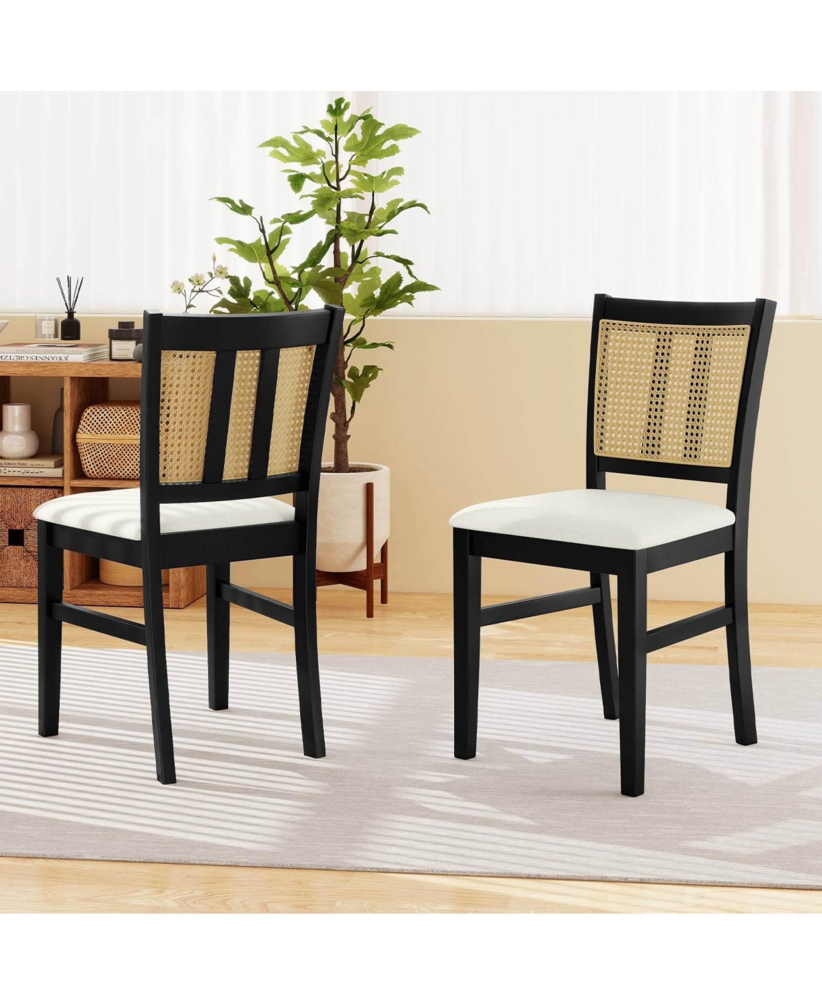 Costway Farmhouse Rattan Dining Chair Fabric Upholstered Kitchen Chairs