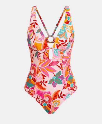 Women's Tropical Floral Print Plunge Cut-out One-Piece Swimsuit