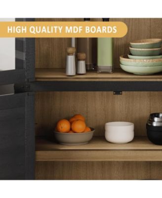 Arched Storage Bookcase, 6-Tier Modern Wooden Shelving with Doors for Living Room, Black