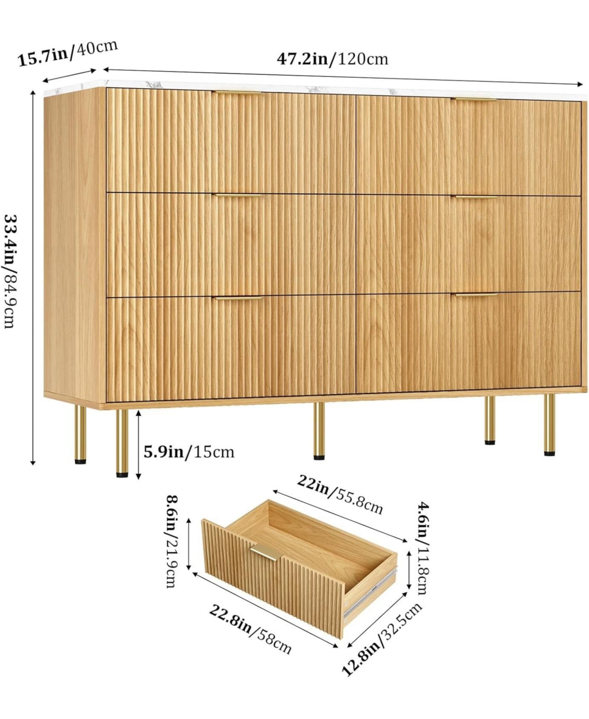 gaomon 6-Drawer Modern Fluted Wood Dresser with Gold Handle, Large Storage Organizer for Bedroom, Living Room