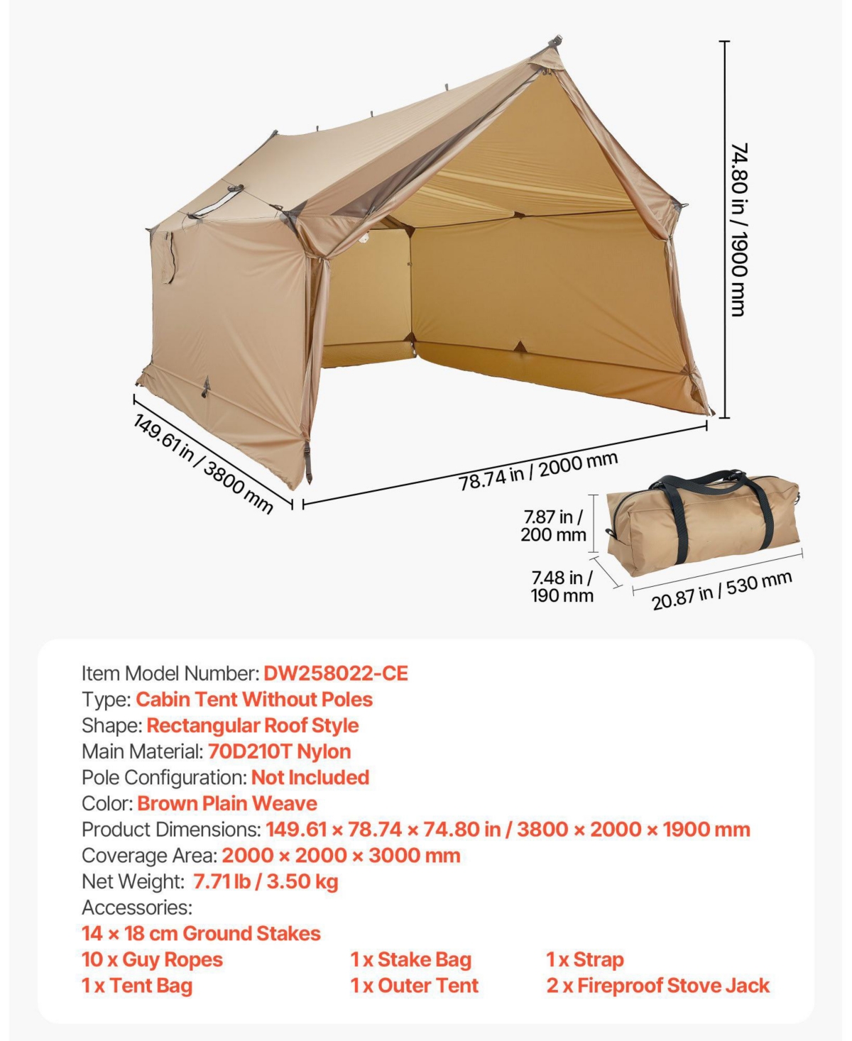 Mecale 2-Person Cabin Hot Tent, 4-Season Waterproof Winter Tent with Stove Jack, Vents, Lightweight Portable Shelter