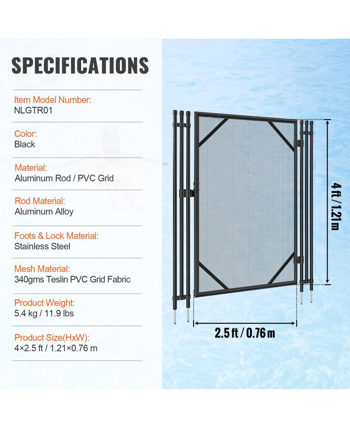 Mecale Pool Fence Gate, 4 ft x 2.5 ft Removable Inground Pool Gate Kit, Easy Diy Install, Child & Pet Safety Fence Gate with Stainless Latch