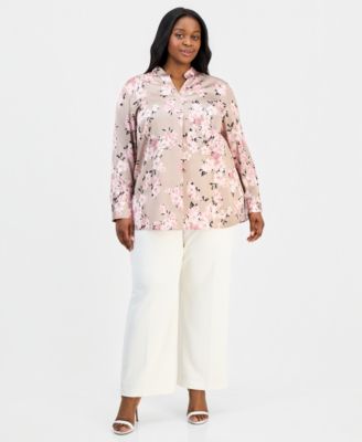 Plus Size Printed Long-Sleeve Popover Blouse