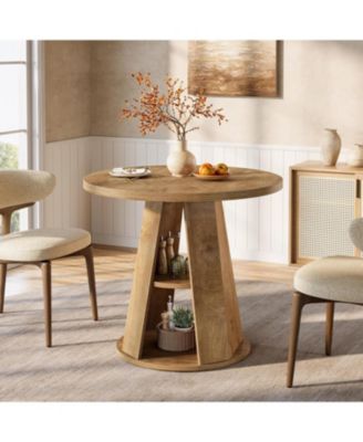 Round Dining Table for 2–4, 31.5" Small Farmhouse Kitchen Table with 2-Tier Storage Shelf, Space-Saving Wood Dining Table, Light Brown