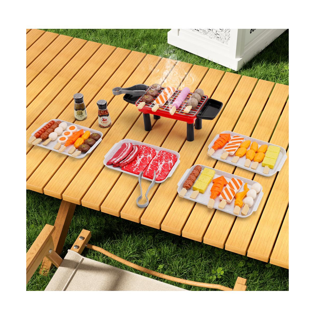 Bruce & Shark 36-Piece Kids Bbq Grill Playset, Pretend Play Toy with Realistic Food & Tools