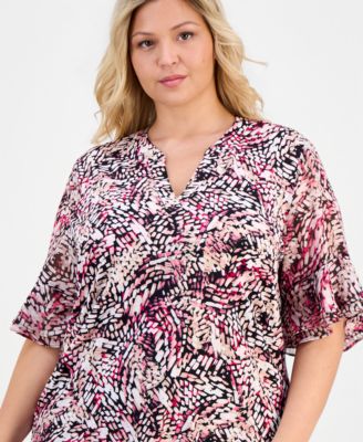 Plus Size Split-Neck Printed Flutter-Sleeve Top 