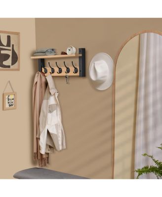 16 Inch Floating Wall Shelf with 5 Heavy Duty Hooks – for Entryway, Bathroom, Bedroom, Kitchen, or Mudroom