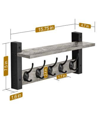 16 Inch Floating Wall Shelf with 5 Heavy Duty Hooks – for Entryway, Bathroom, Bedroom, Kitchen, or Mudroom