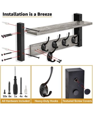 24 Inch Floating Wall Shelf with 5 Heavy Duty Hooks – for Entryway, Bathroom, Bedroom, Kitchen, or Mudroom