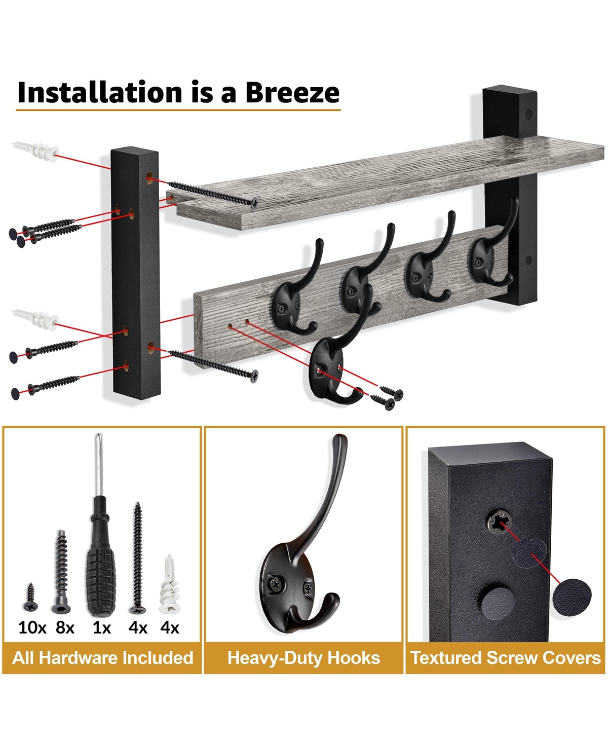 Sorbus Inch Floating Wall Shelf with 5 Heavy Duty Hooks – for Entryway, Bathroom, Bedroom, Kitchen