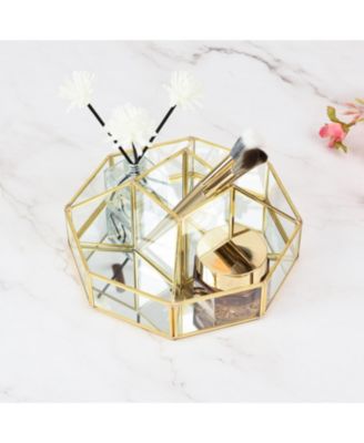 Handcrafted Glass Organizer, Decorative Storage Container for Makeup, Jewelry, Desk, or Bathroom, Stylish, Gold