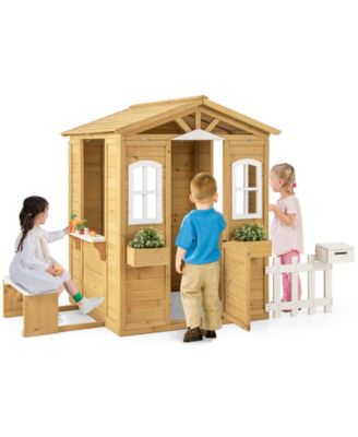 Wood Playhouse with Bench and Serving Stations for 2+ Years Old Kids