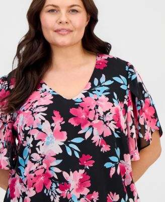 Plus Size Printed V-Neck Tulip-Sleeve Blouse