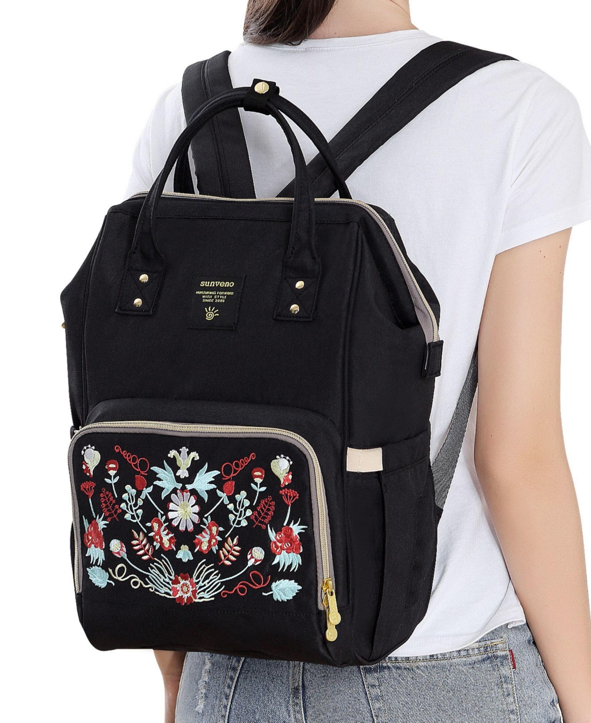 Sunveno Embroidered Backpack Diaper Bag Large Travel