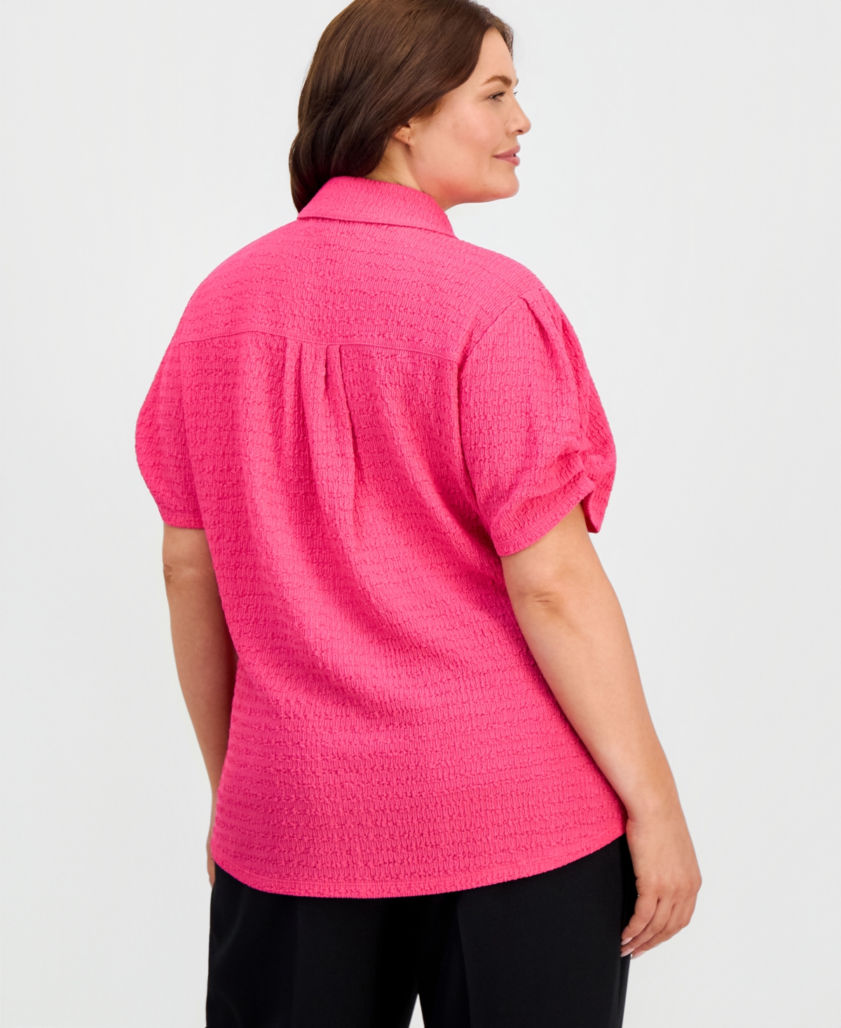 Kasper Plus Button-Front Pleated-Sleeve Top