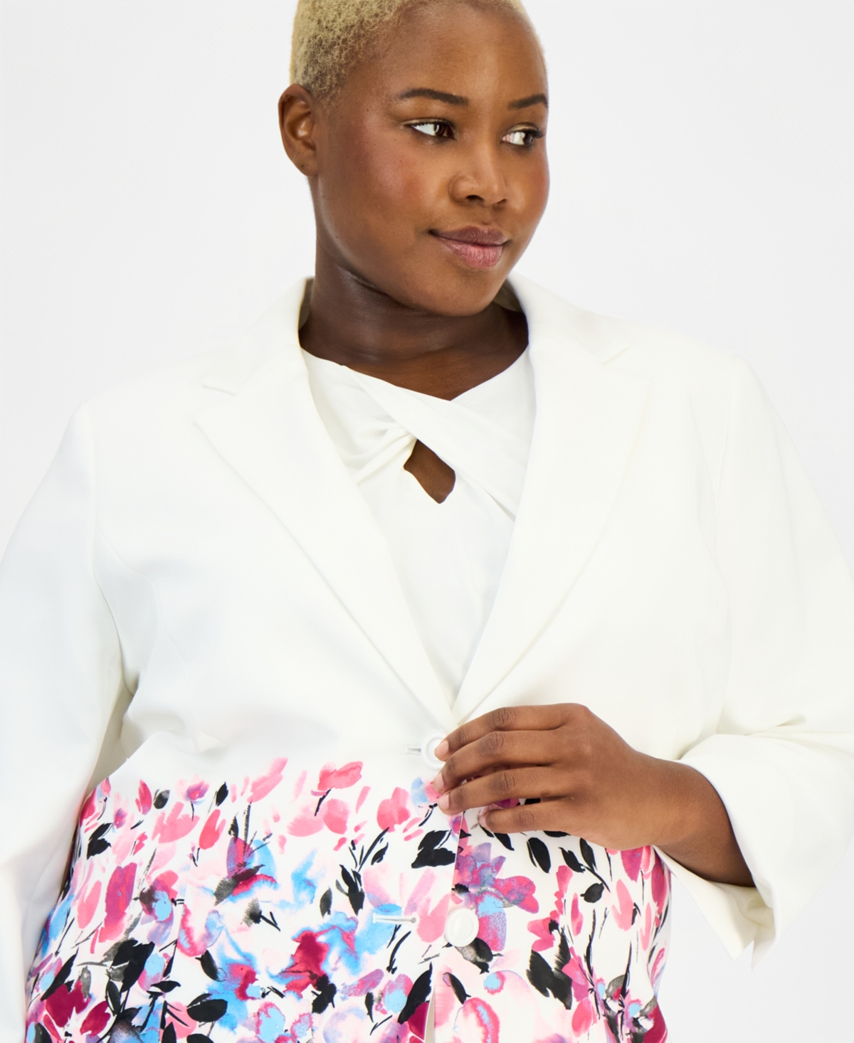 Kasper Plus Floral-Trim Two-Button 3/4-Sleeve Jacket