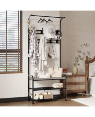 Entryway Hall Tree, 4-in-1 Freestanding Coat Rack with Shoe Storage Bench, 3-Tier Shelf, Hanging Rod, and 8 Adjustable Hooks for Entryway