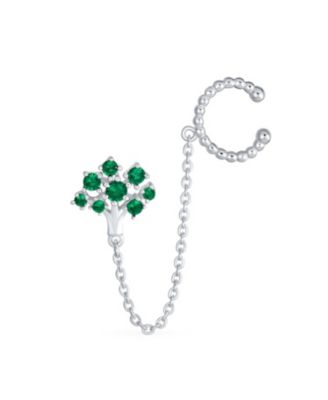 Green CZ Family Tree of Life Ear Cuff Chain Stud Earrings .925 Sterling Silver