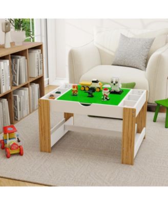 White Kids 2 in 1 Play Table with 7 Storage Compartments LEGO Compatible Building Surface and Whiteboard Modern Activity Learning Furniture