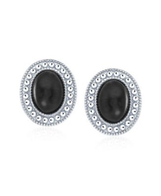 Classic Black Onyx   Milgrain Bezel Halo Oval Stud Earrings .925 Sterling Silver