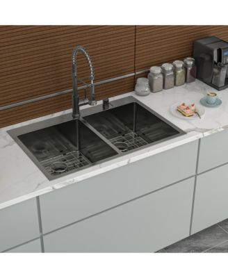 33" x 22" Gunmetal Black Double Bowl Drop-In Kitchen Sink, 16-Gauge T304 Nano Stainless Steel, Two 10" Deep Basins