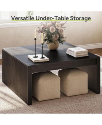 Square Coffee Table, 39.4-Inch Fluted Coffee Tables, Mid-Century Modern Center Cocktail Table, Black