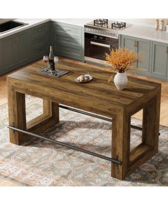 59-Inch Counter Height Bar Table, Wooden Pub Table with Metal Footrest for Kitchen & Dining