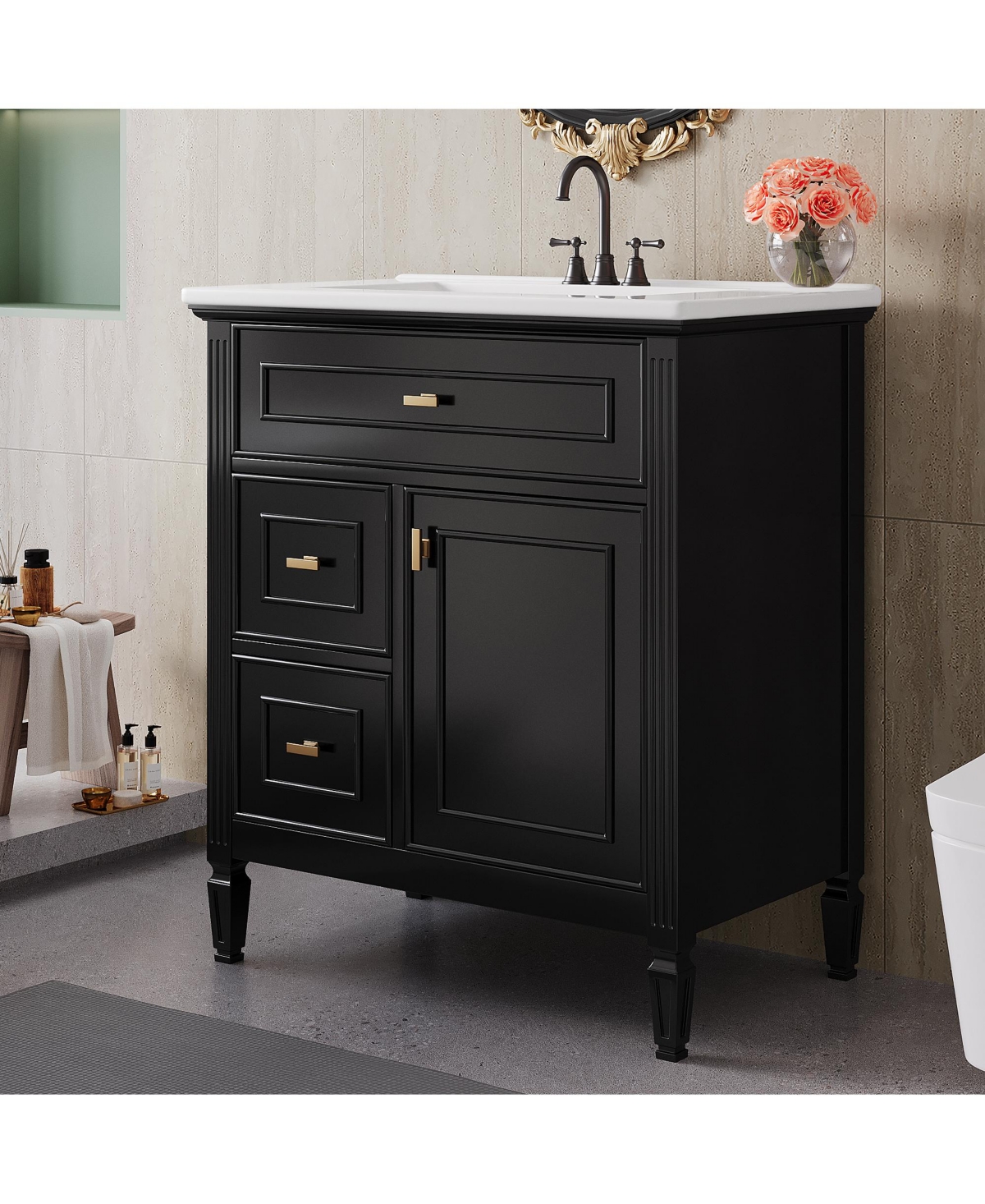 Cesicia 30 in. Bathroom Vanity Cabinet with Sink, One Flip Drawer and Two Drawers, Adjustable Shelf, Solid Wood Mdf