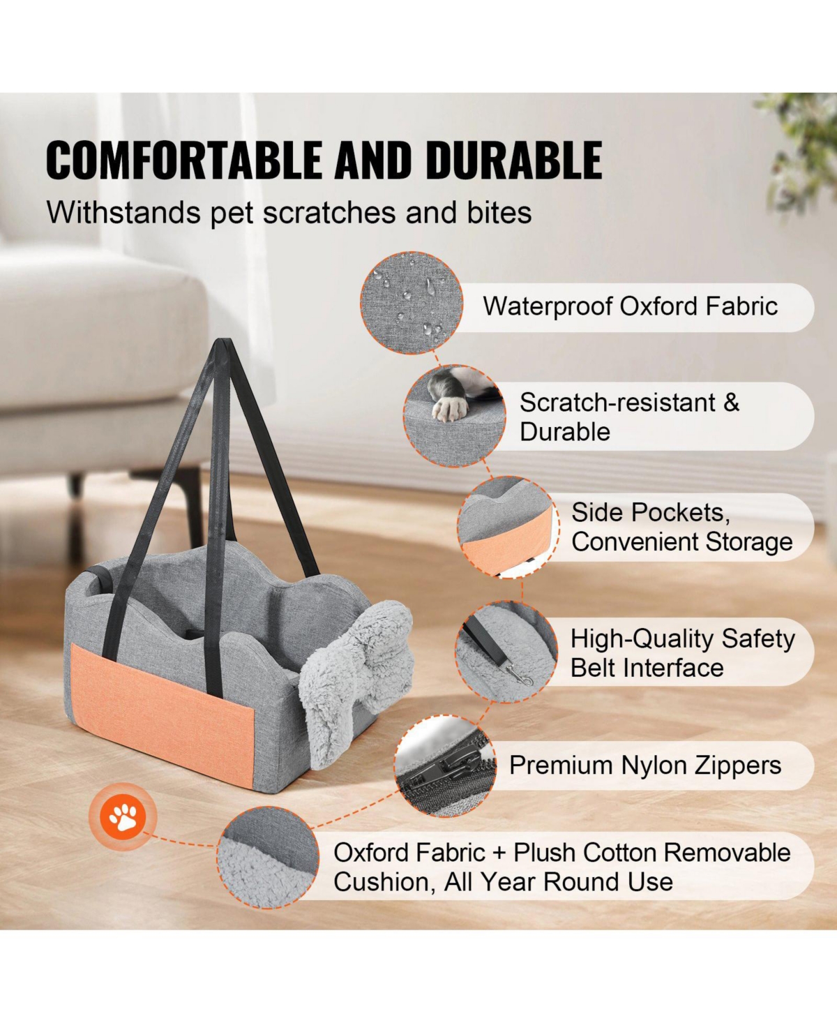 Cozito Center Console Dog Car Seat for Small Dogs, Booster for Armrest w/ Clip-On Leash, Adjustable Straps