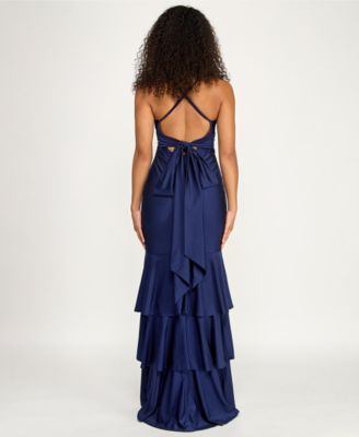 Juniors' V-Neck Tiered Skirt Gown