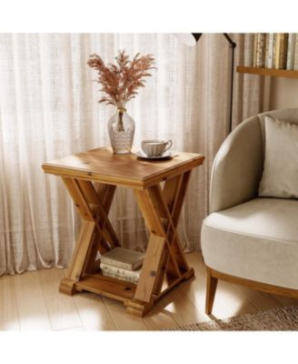 Solid Wood Side Table Set of 2, Farmhouse Narrow Nightstand, Small Square 2-Tier End Table for Living Room & Bedroom, Brown