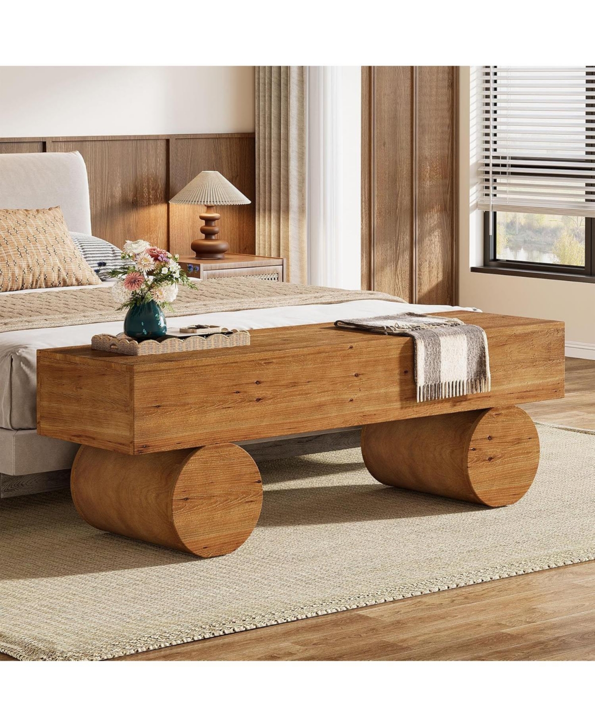 Tribesigns Solid Wood Entryway Bench, 59" Farmhouse Narrow Shoe Bench Seat with Thickened Seat & Cylindrical Legs, Indoor End of Bed, Brown