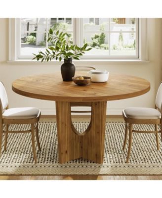Solid Wood Round Dining Table, 47.2" Farmhouse Kitchen Table for 4-6 People, Kitchen, Living Room, Brown