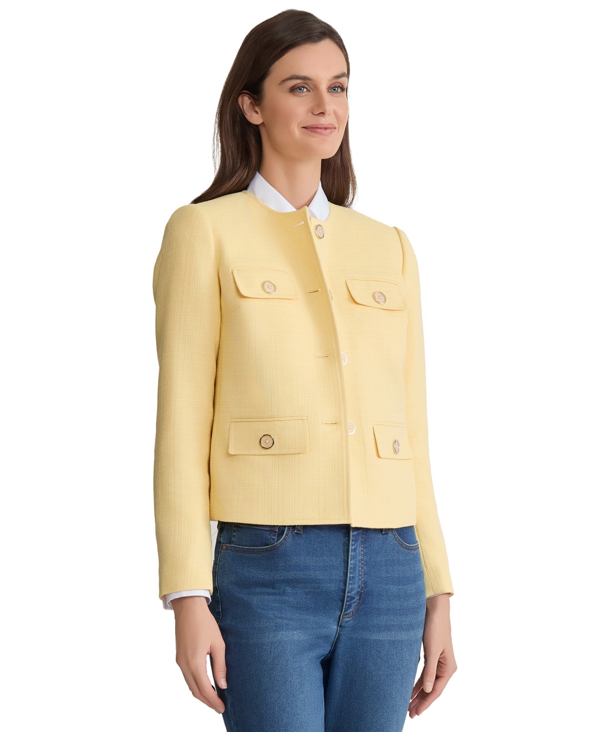 Jones New York Women's Four Button Jewel Neck Tweed Jacket